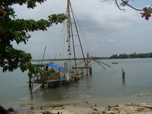 Chinese fishing boats on seashore in Cochin, India